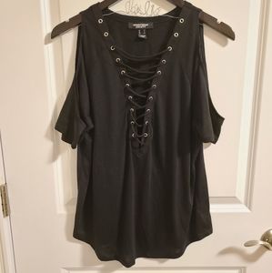 Black lace up cold shoulder tshirt